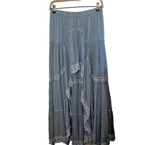 Anthropologie R.YA Long Maxi Skirt Gray Blue High Low Tiered Embroidered Sz Sm